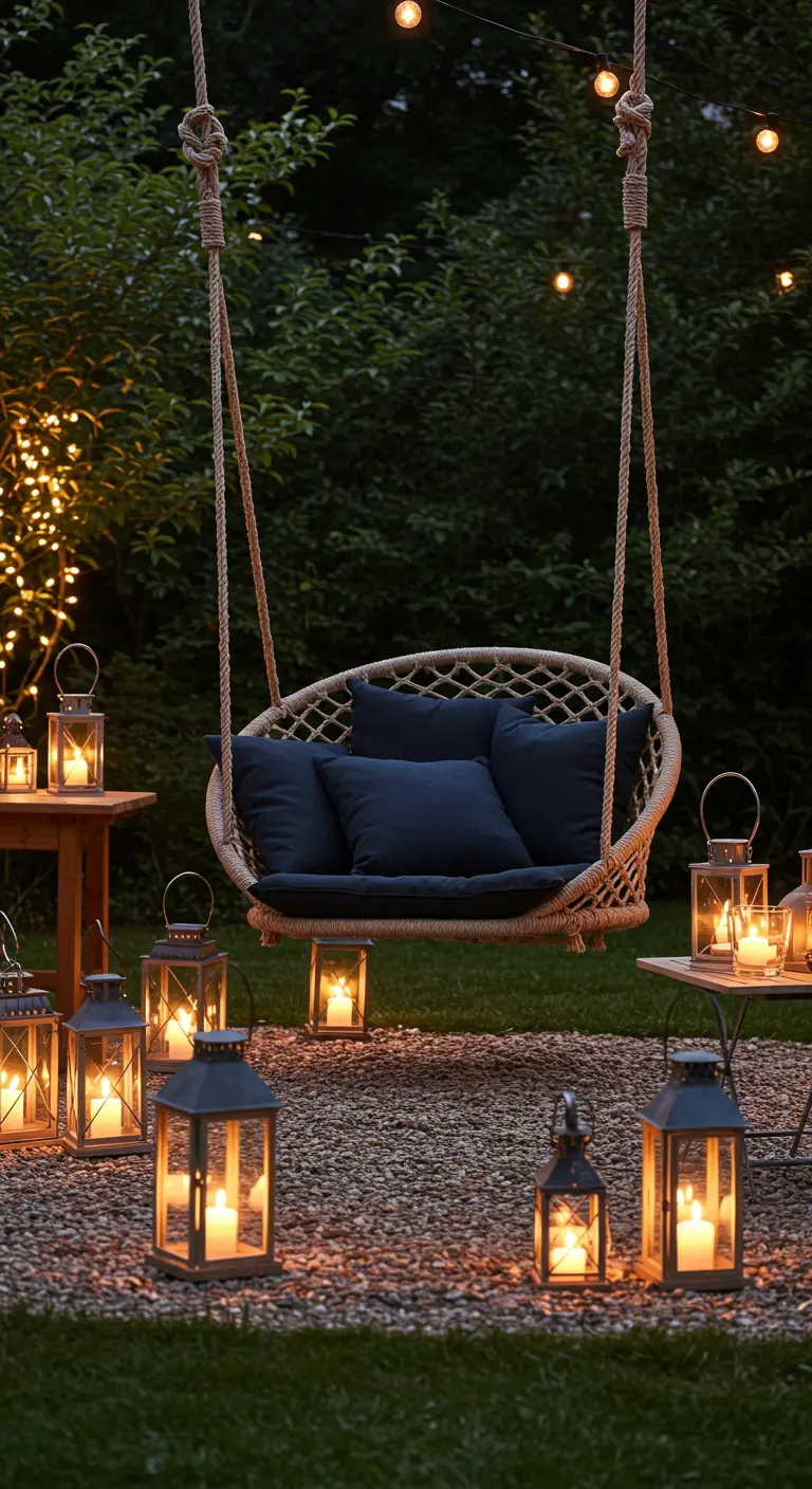 A rope swing chair with dark blue pillows on a gravel patio, surrounded by glowing lanterns at night.