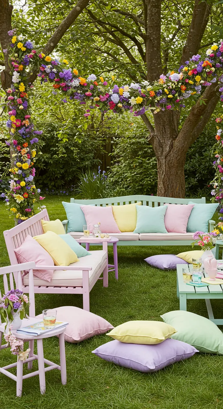 A lush garden with pastel-painted benches, colorful cushions, and a vibrant floral garland in the trees.