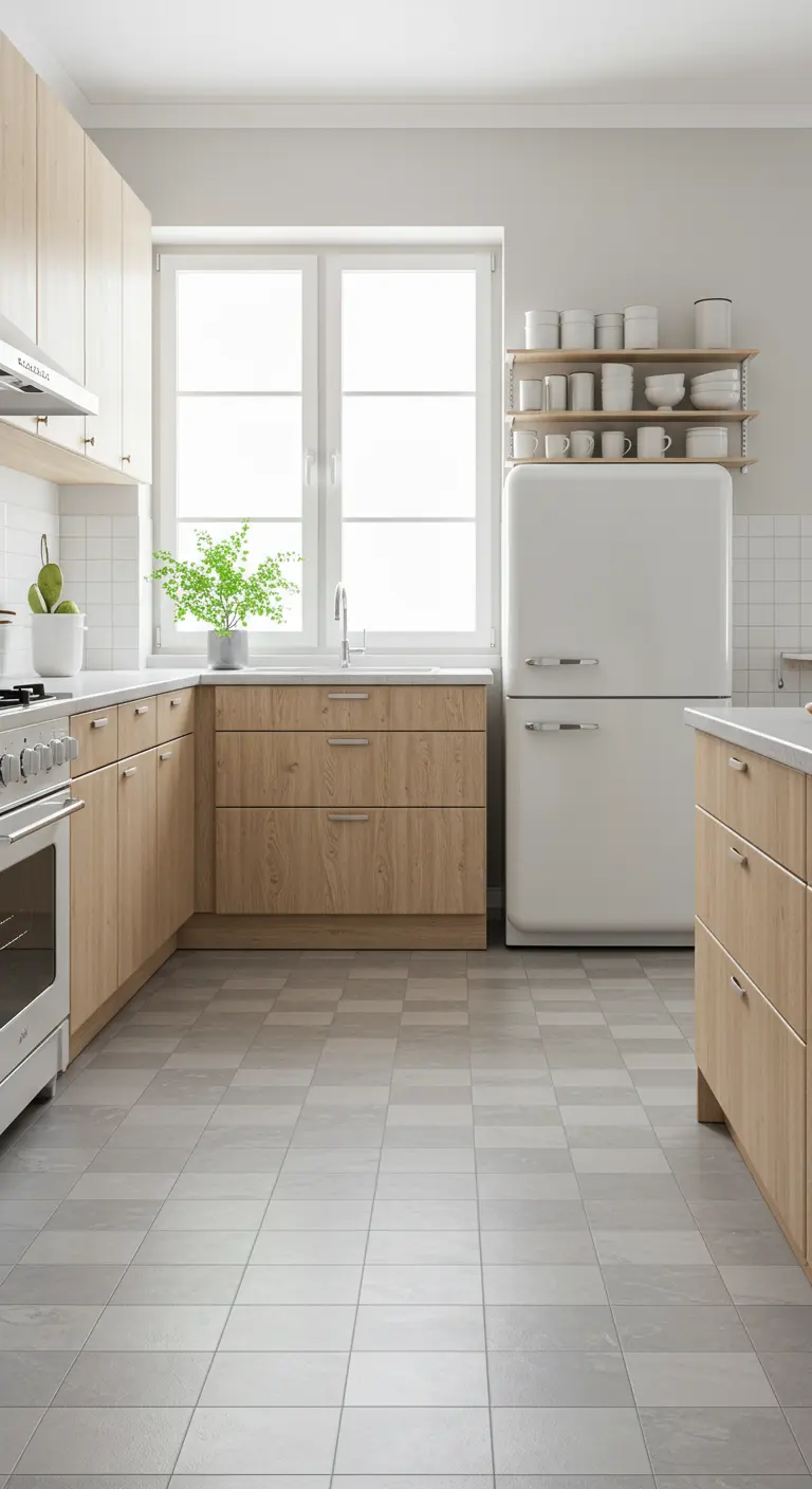 Minimalist kitchen with light wood cabinets, a white retro fridge, and subtle grey checkerboard tiles.