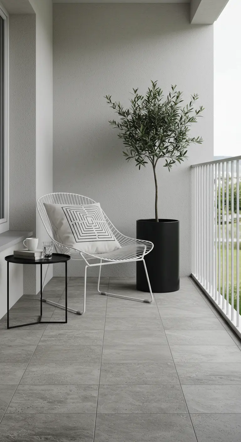 Minimalist balcony with a white wire chair and a small olive tree.