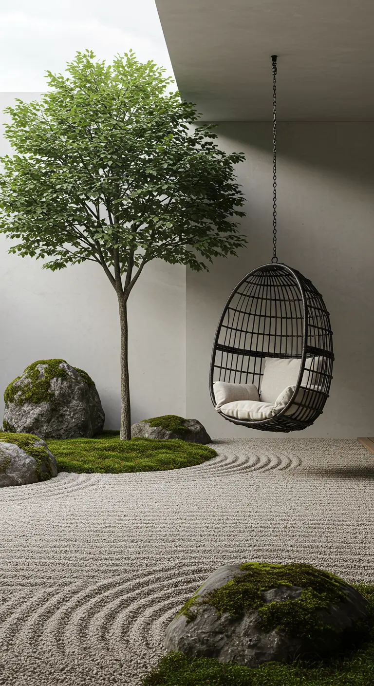 A dark egg chair hanging in a minimalist Zen garden with raked sand and mossy rocks.