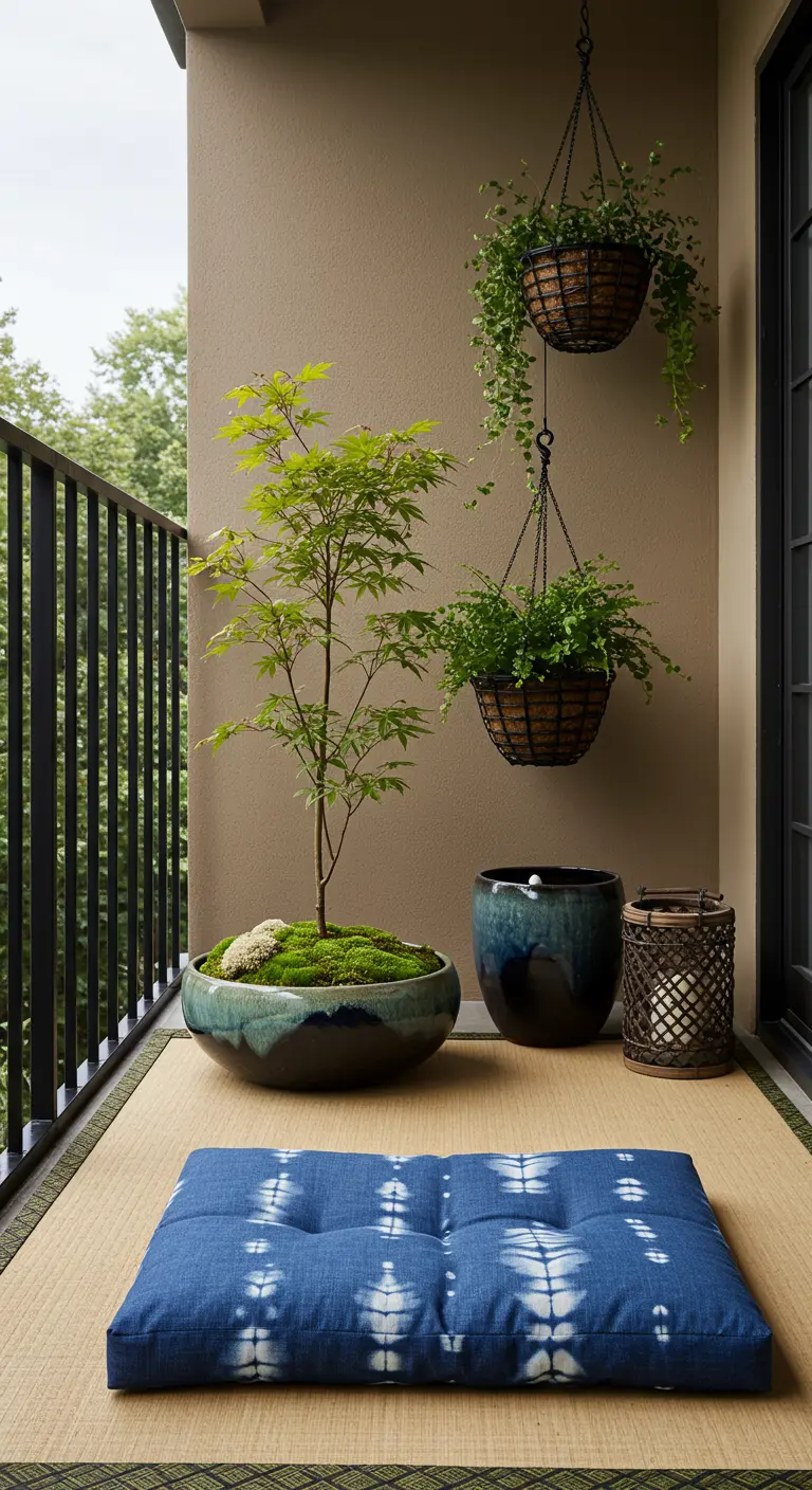 A minimalist Zen balcony with a Japanese maple, tatami mat, and hanging ferns.