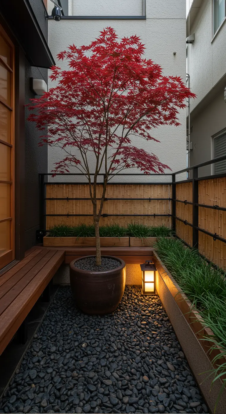 Japanese-inspired narrow garden with a red maple tree, black stones, and a wooden bench.