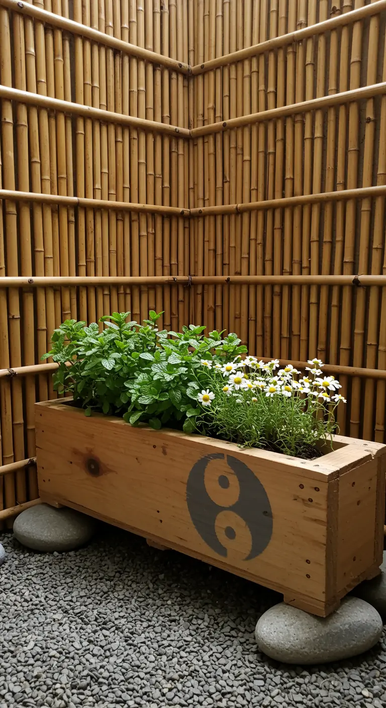Natural wood planter with a yin-yang stencil, sitting on rocks by a bamboo fence.