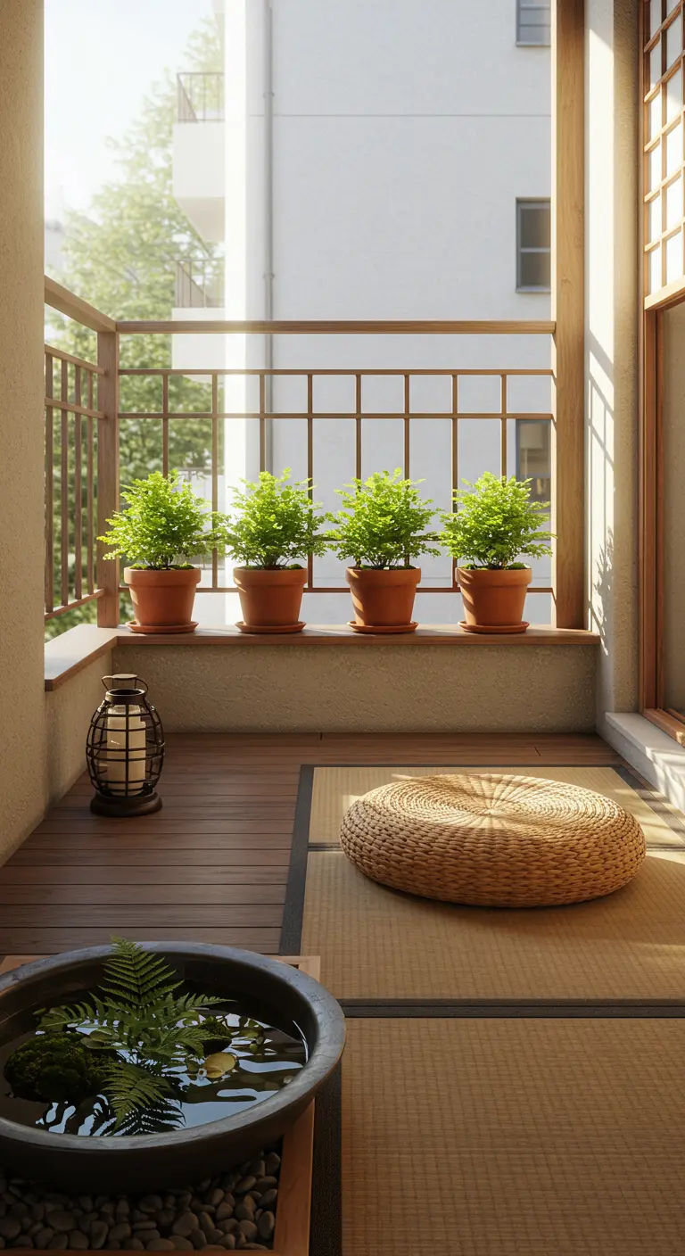 A minimalist balcony with a tatami mat, a water bowl, and a row of small ferns.