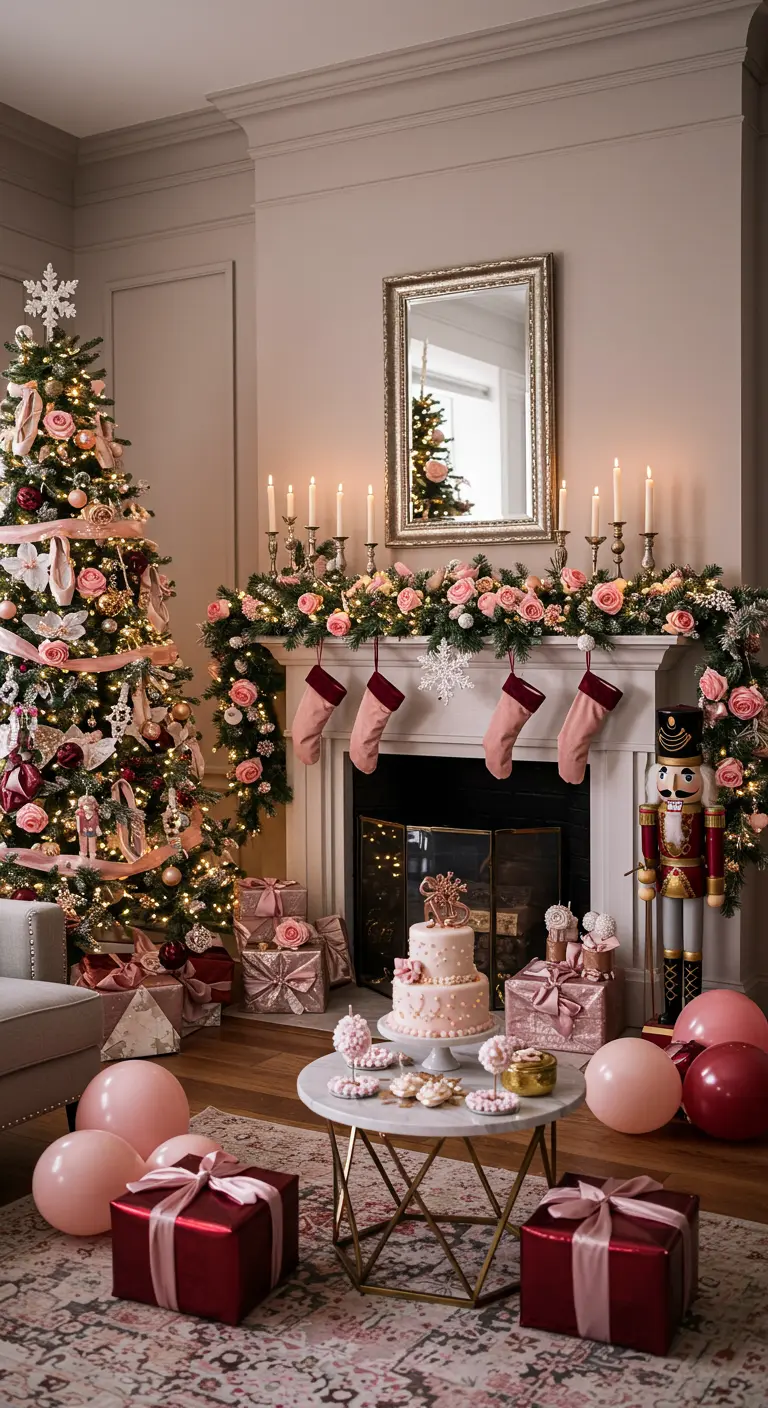 A Christmas tree and mantel decorated with pink roses, ribbons, and ballet slippers.