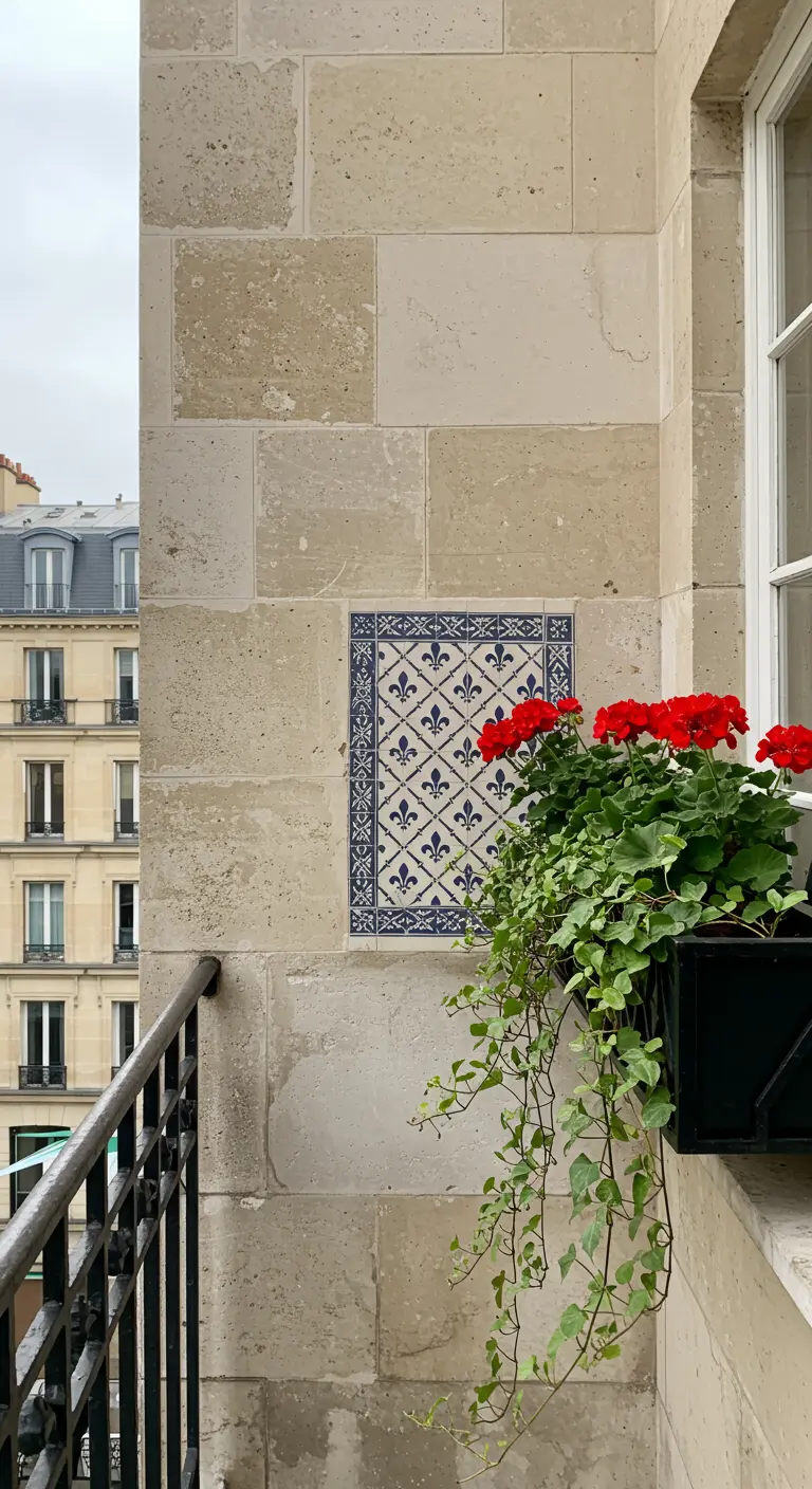 Parisian balcony with a stone wall, a single decorative tile, and a window box of red geraniums.