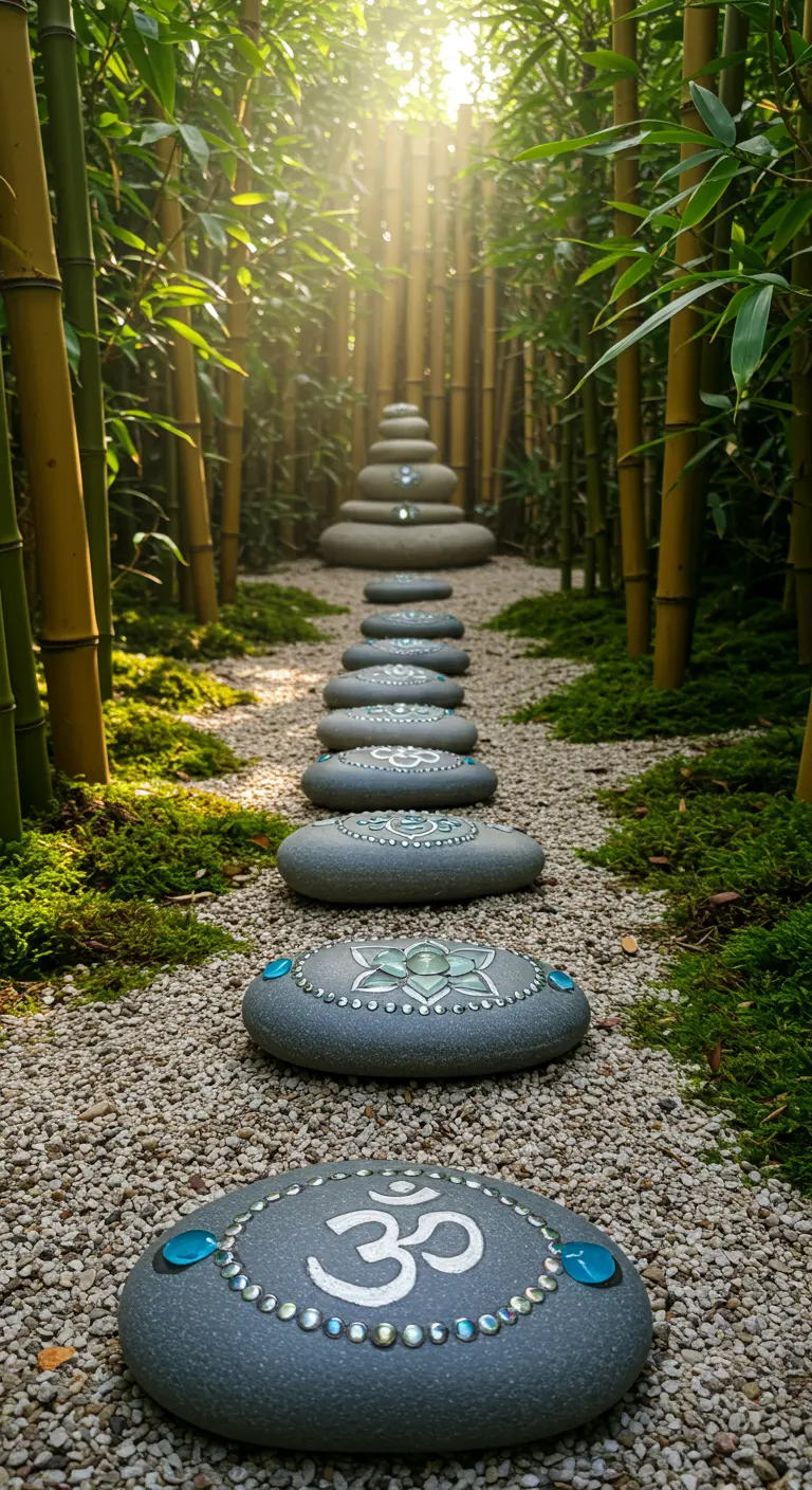 Smooth, dark stones with painted symbols like Om and lotus, leading through bamboo.