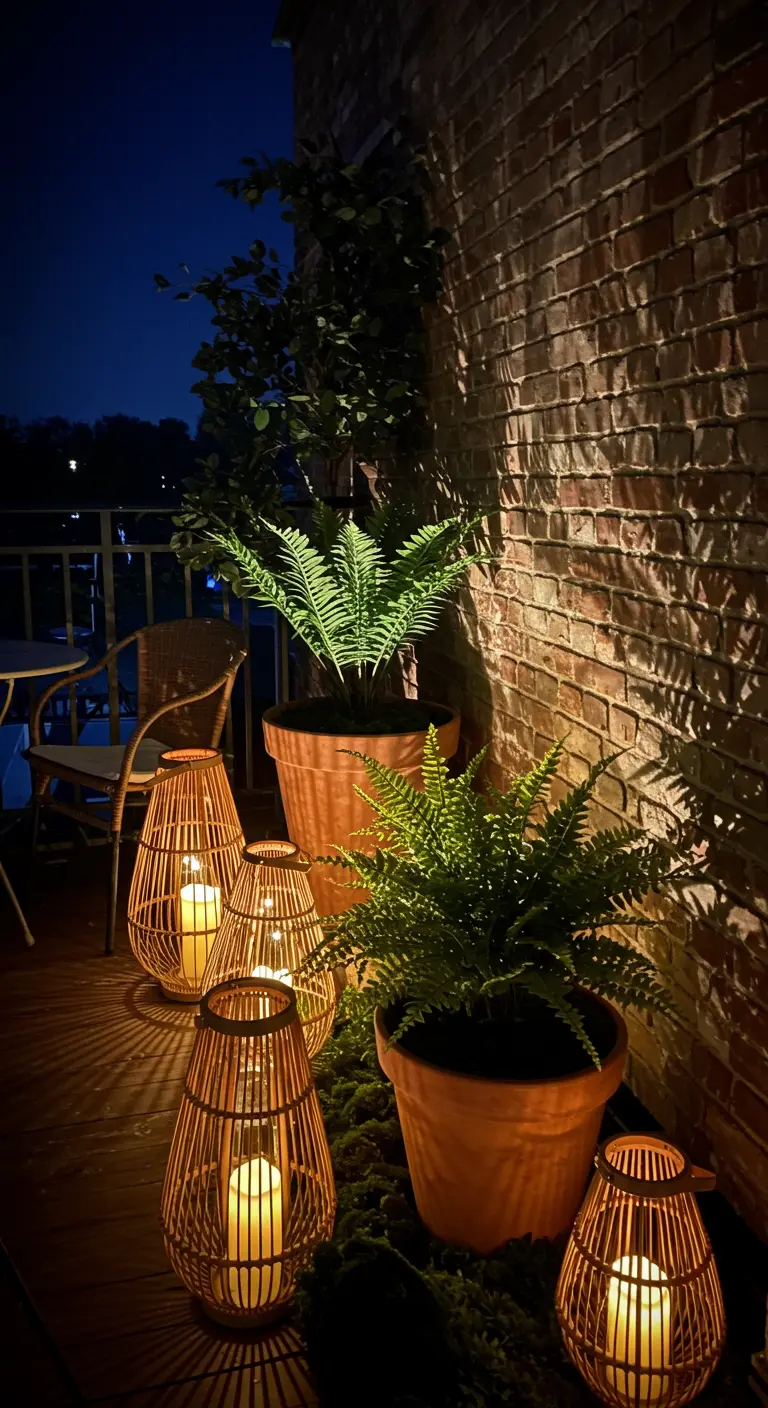 A shadowy balcony corner illuminated by a cluster of bamboo lanterns and potted ferns.
