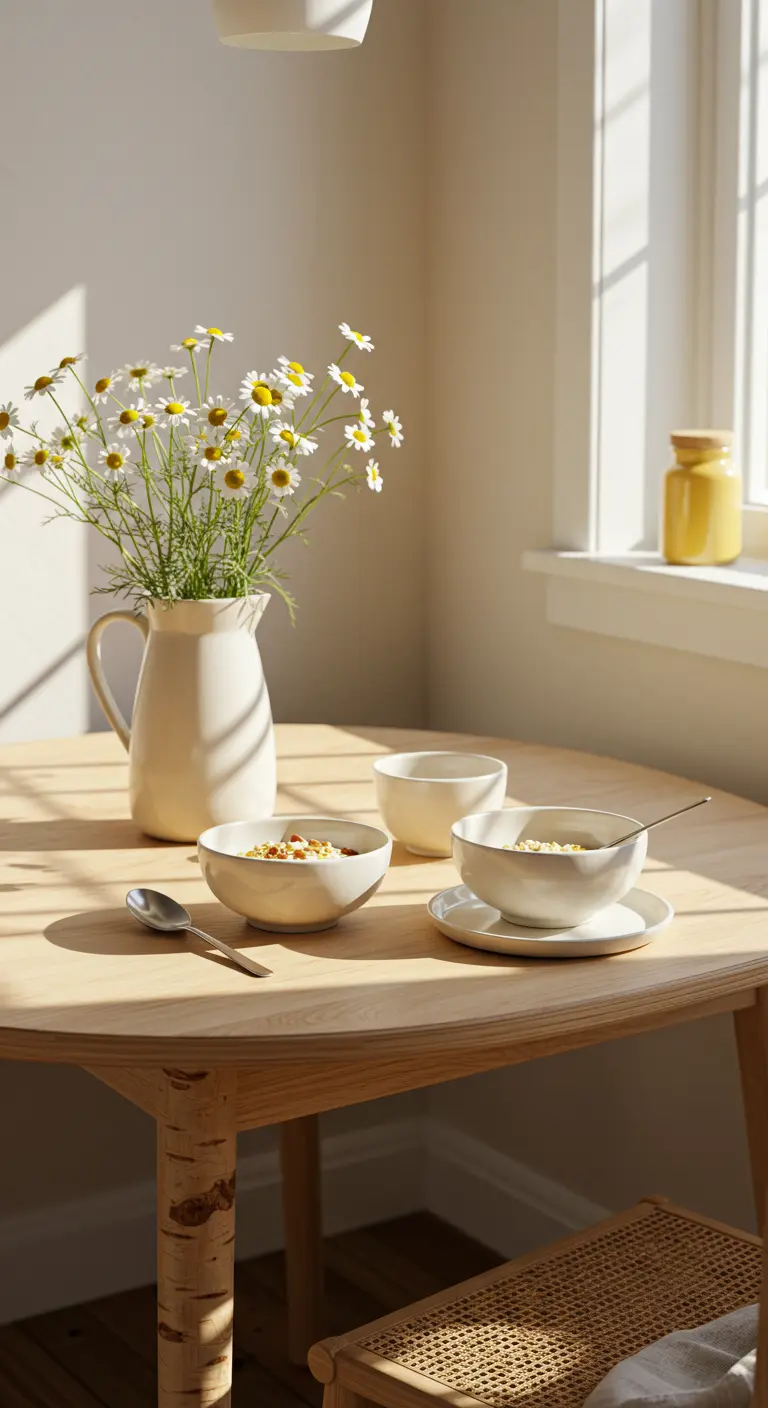 A simple wood table in the sun with a pitcher of daisies and white bowls.