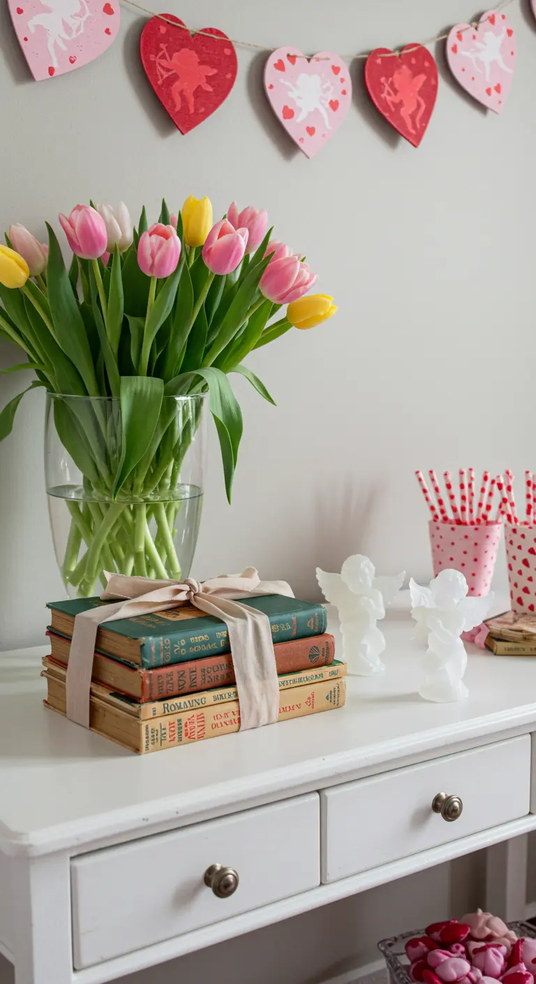 A Valentine's vignette on a dresser with tulips, books, and Cupid figurines.
