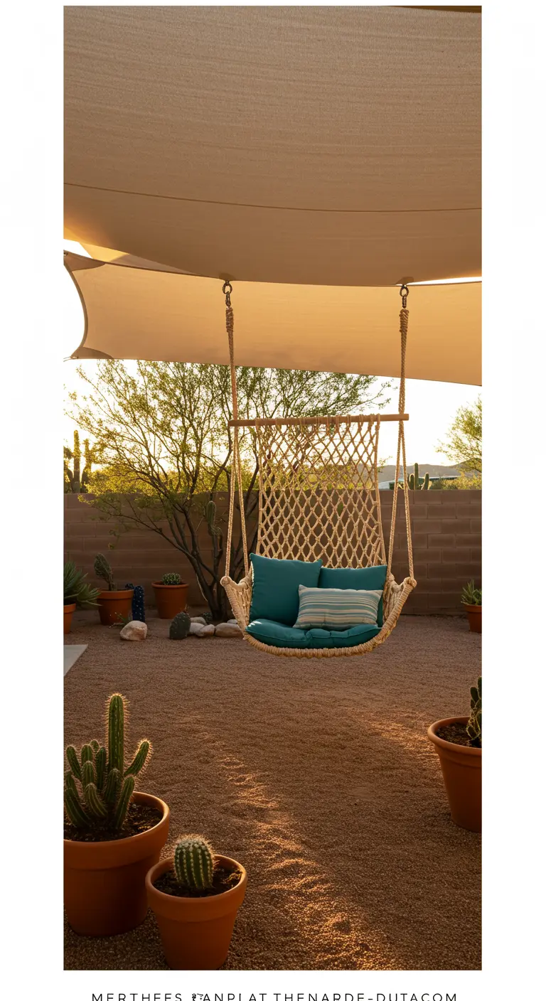 A woven macrame swing chair with a turquoise pillow hanging in a desert-scaped yard with cacti.