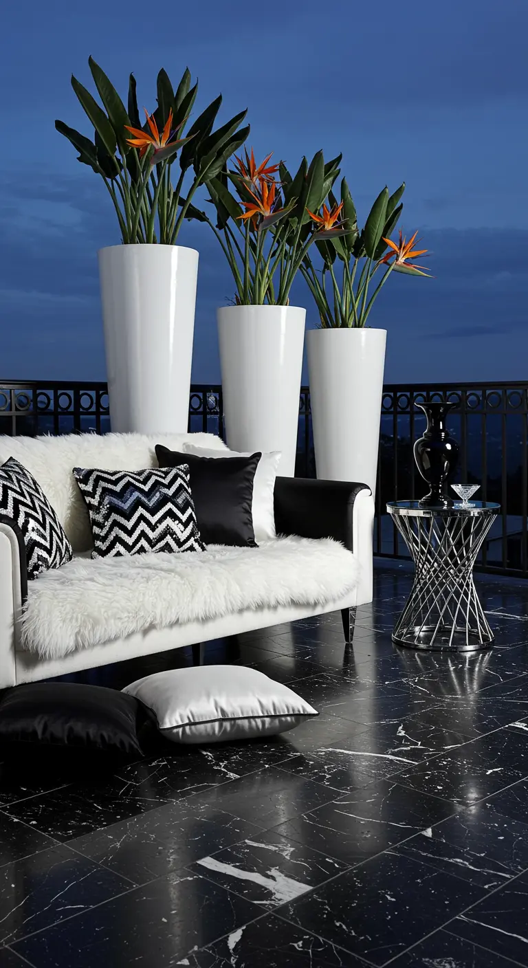 Glamorous balcony with white planters holding colorful Bird of Paradise flowers.
