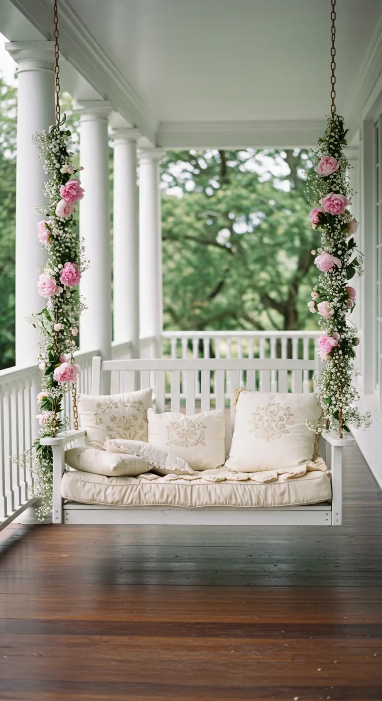 A white porch swing with its chains wrapped in garlands of pink peonies and baby's breath.