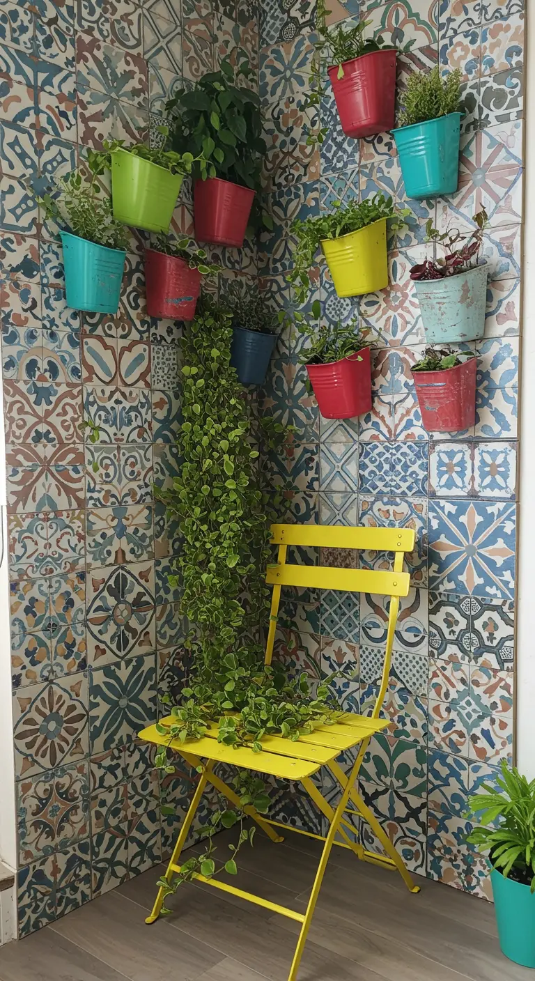 Colorful balcony with patchwork tiles, mismatched bright planters, and a yellow folding chair.