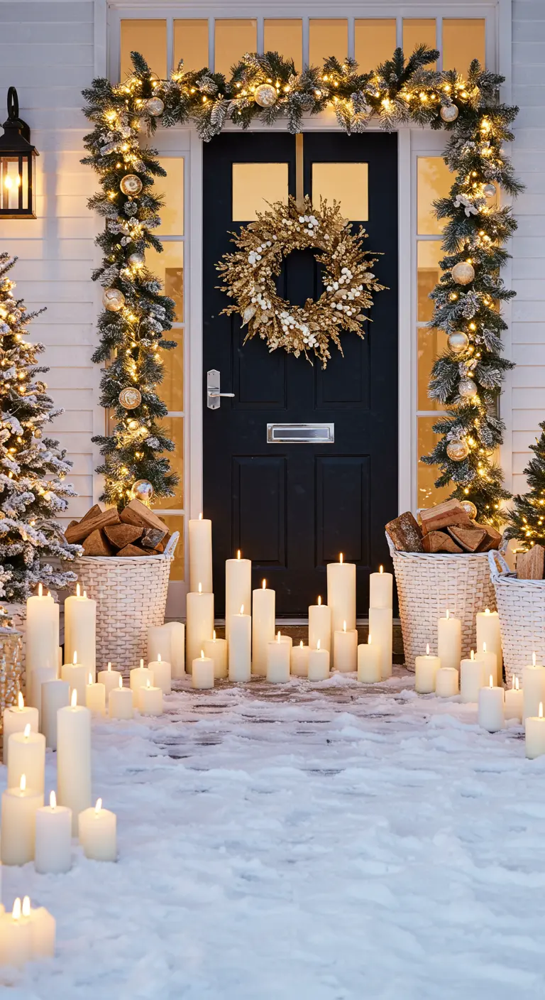 A snowy entrance with a black door, lit garland, and dozens of glowing pillar candles on the ground.
