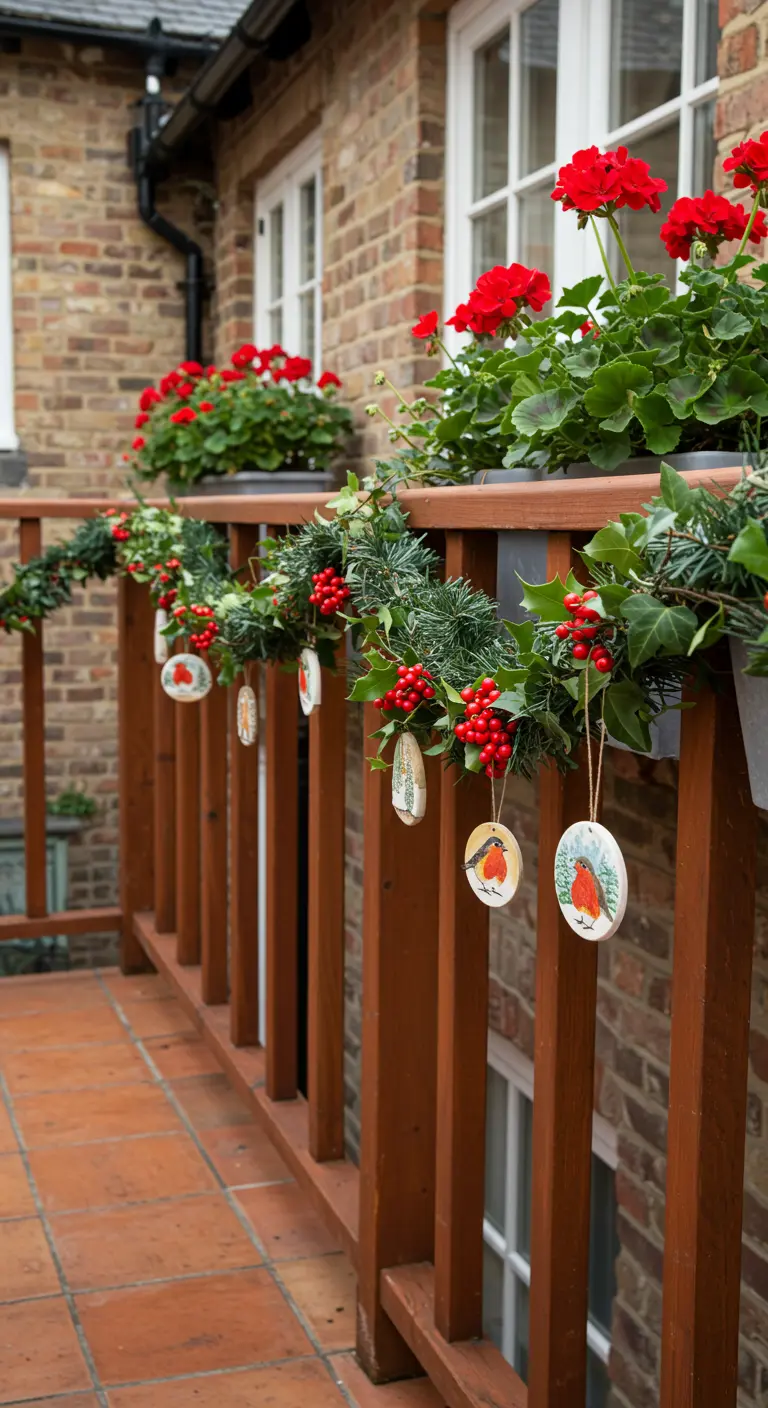 A balcony with a garland of holly and hand-painted robin ornaments.