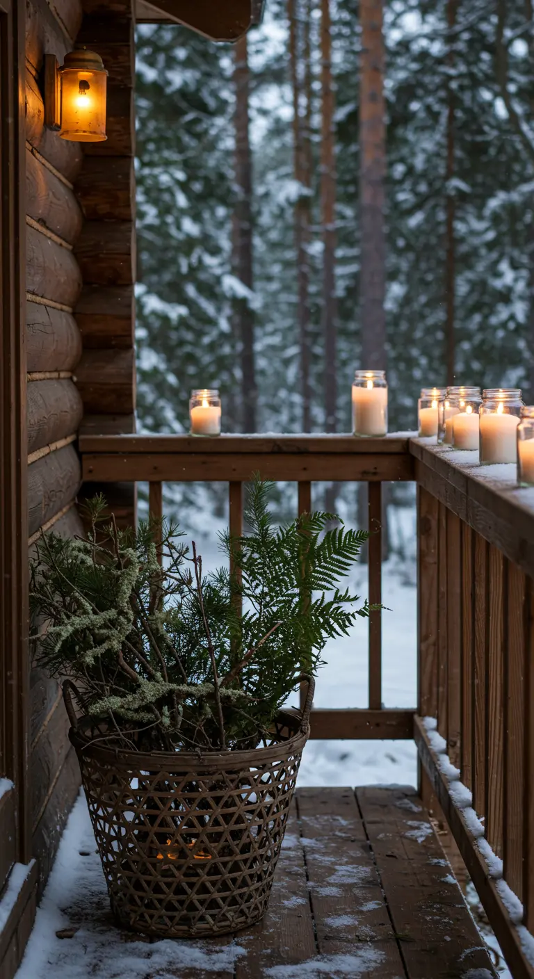 A snowy log cabin balcony with candles lining the railing and a basket of fresh greens on the floor.