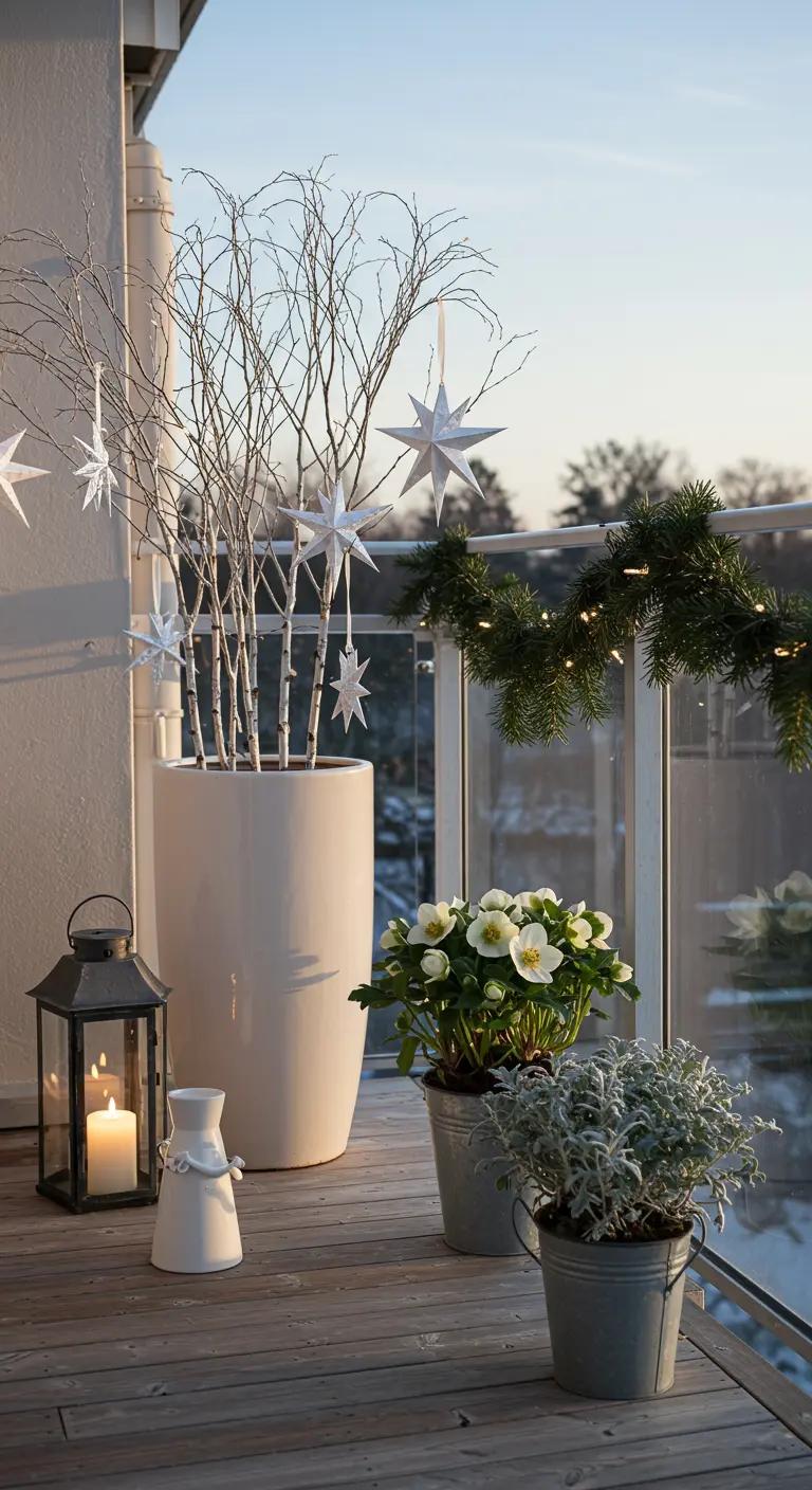 Minimalist balcony with white birch branches, star ornaments, and winter-flowering plants.