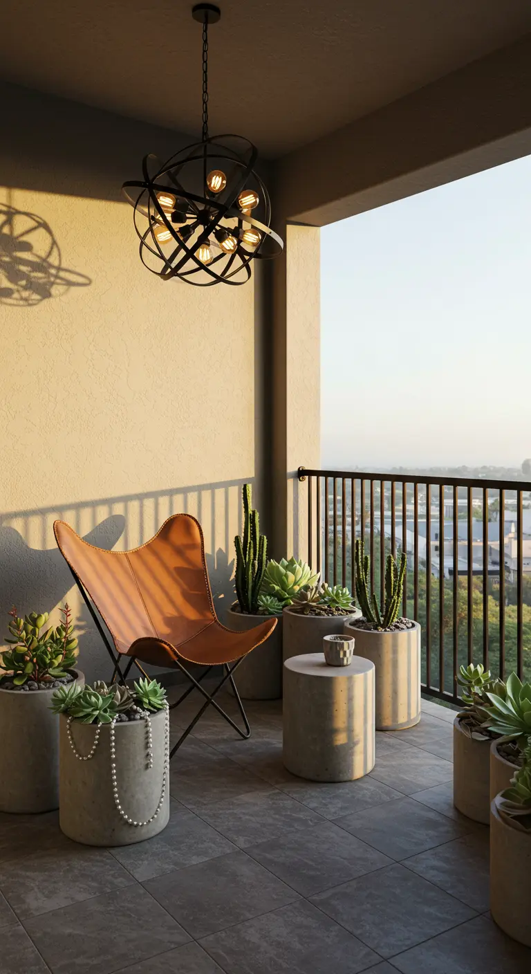 Leather butterfly chair next to clustered concrete planters with succulents.