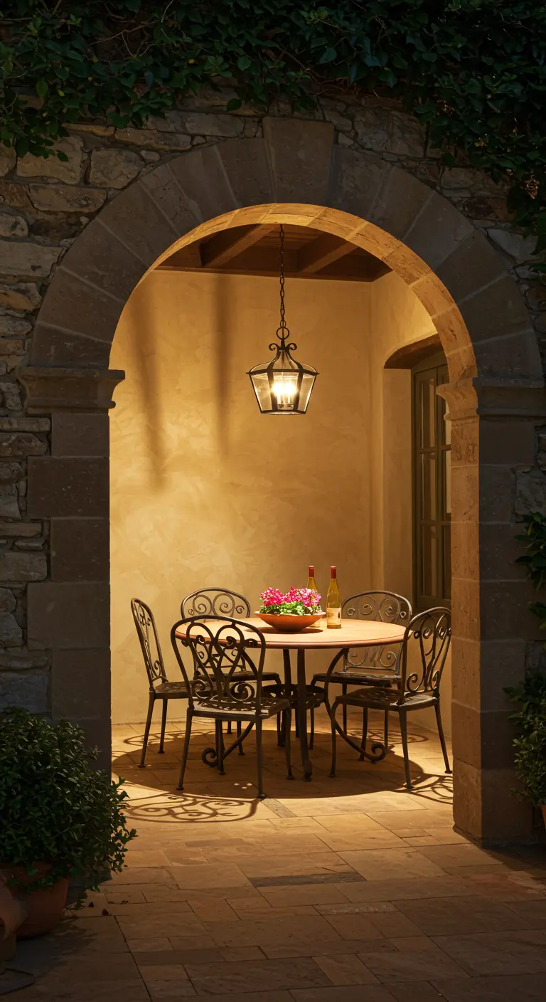 Terra cotta table and chairs in a cozy stone archway niche with a pendant light.