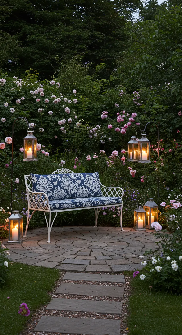 White metal garden bench with a blue patterned cushion surrounded by roses and lanterns.