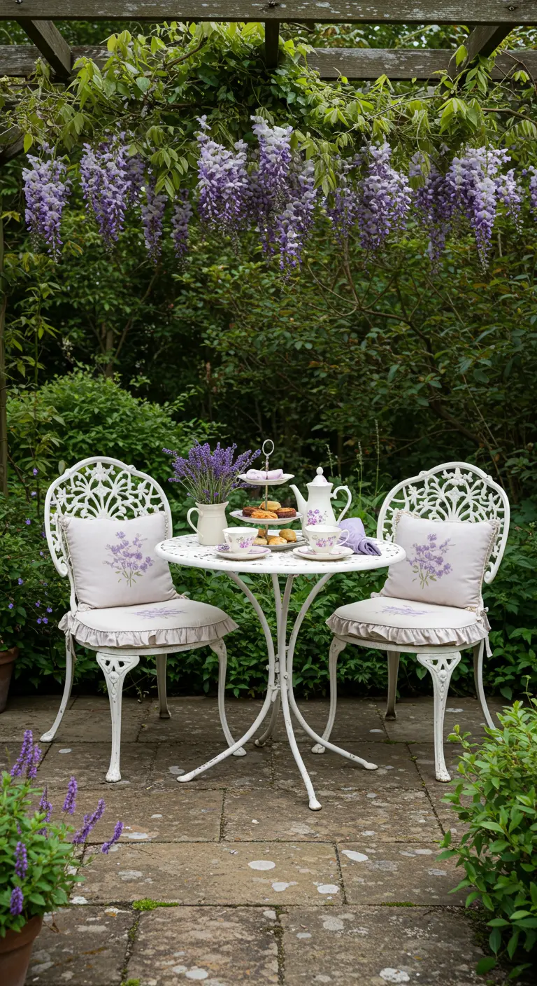 Garden nook with white iron bistro set, lavender-print cushions, and hanging wisteria.