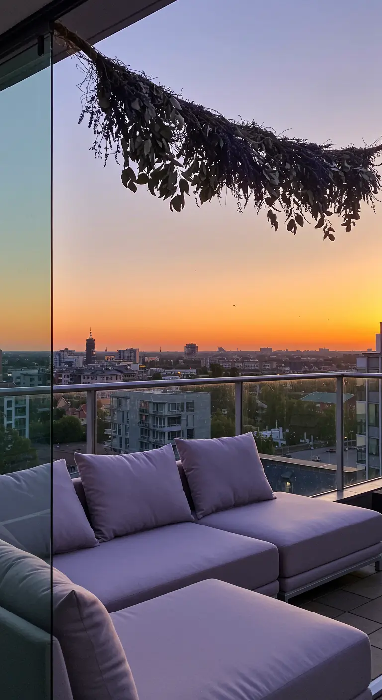 A garland of dark, dried foliage hanging from a glass balcony railing against a sunset sky.