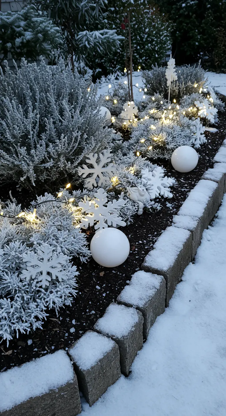 A garden bed with silvery plants, decorated with large white snowflakes, globes, and cool lights.