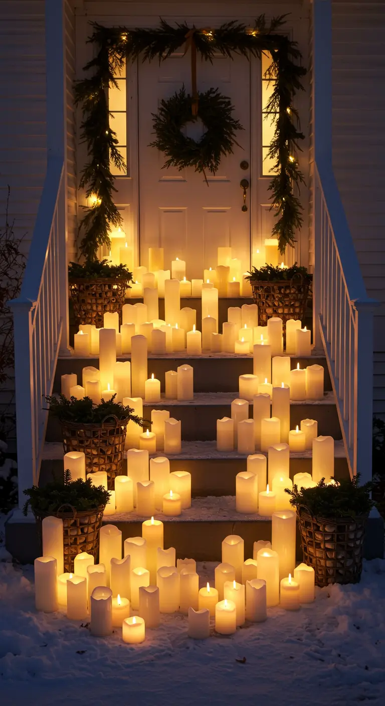 A grand outdoor staircase covered in snow and lined with hundreds of glowing LED pillar candles.
