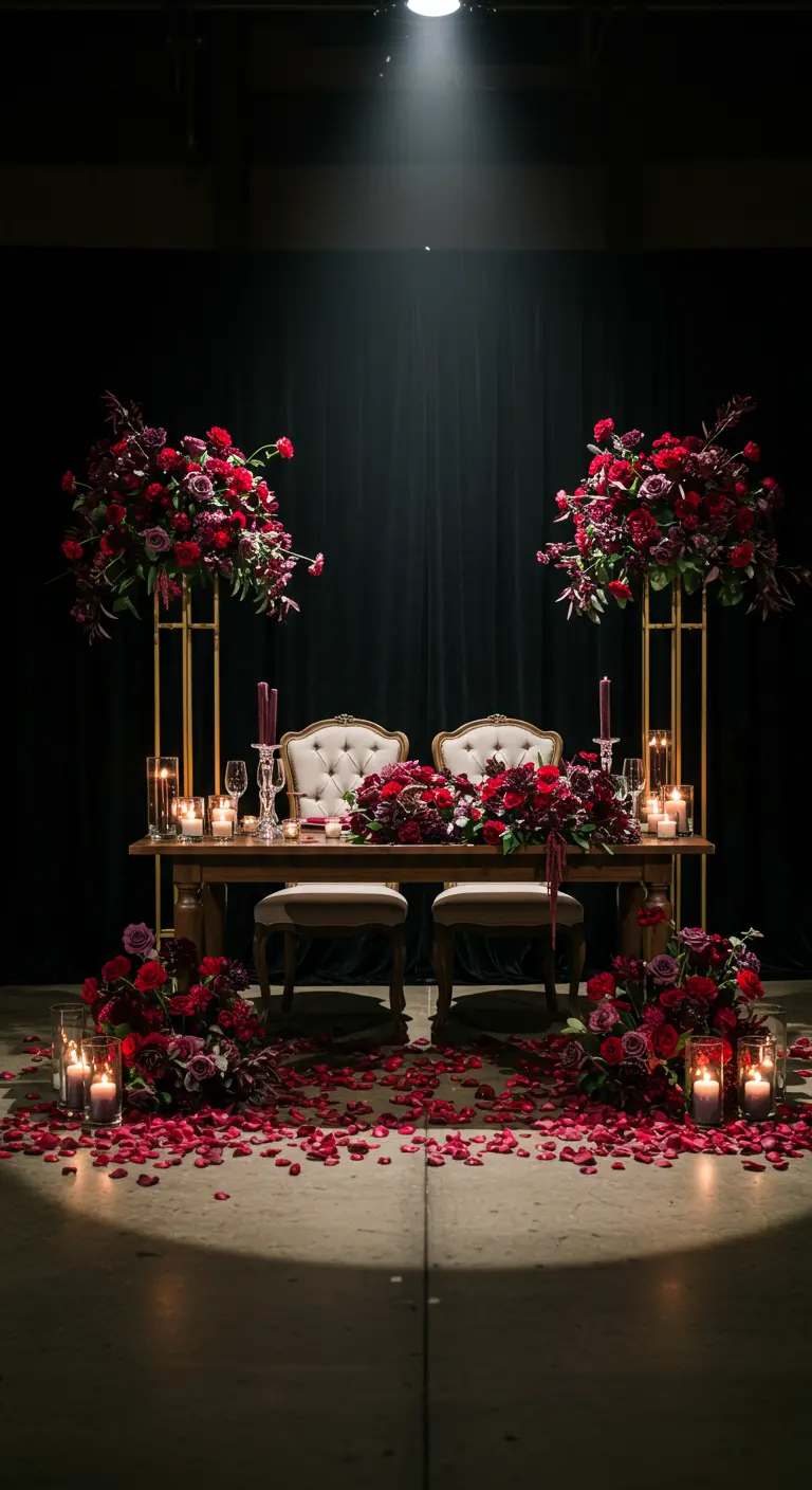 Sweetheart table with large red floral arrangements and a floor covered in rose petals.