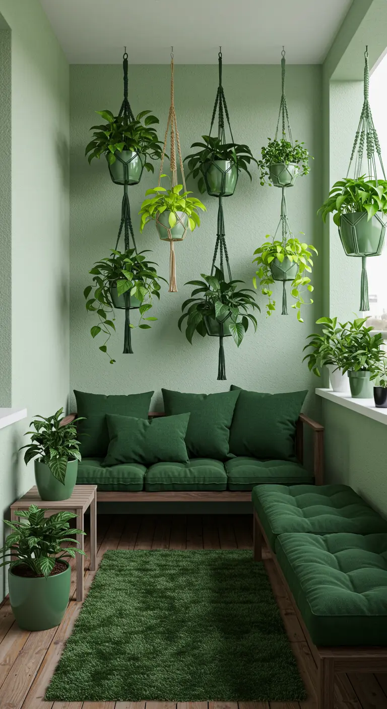A balcony decorated entirely in shades of green, from walls to cushions.