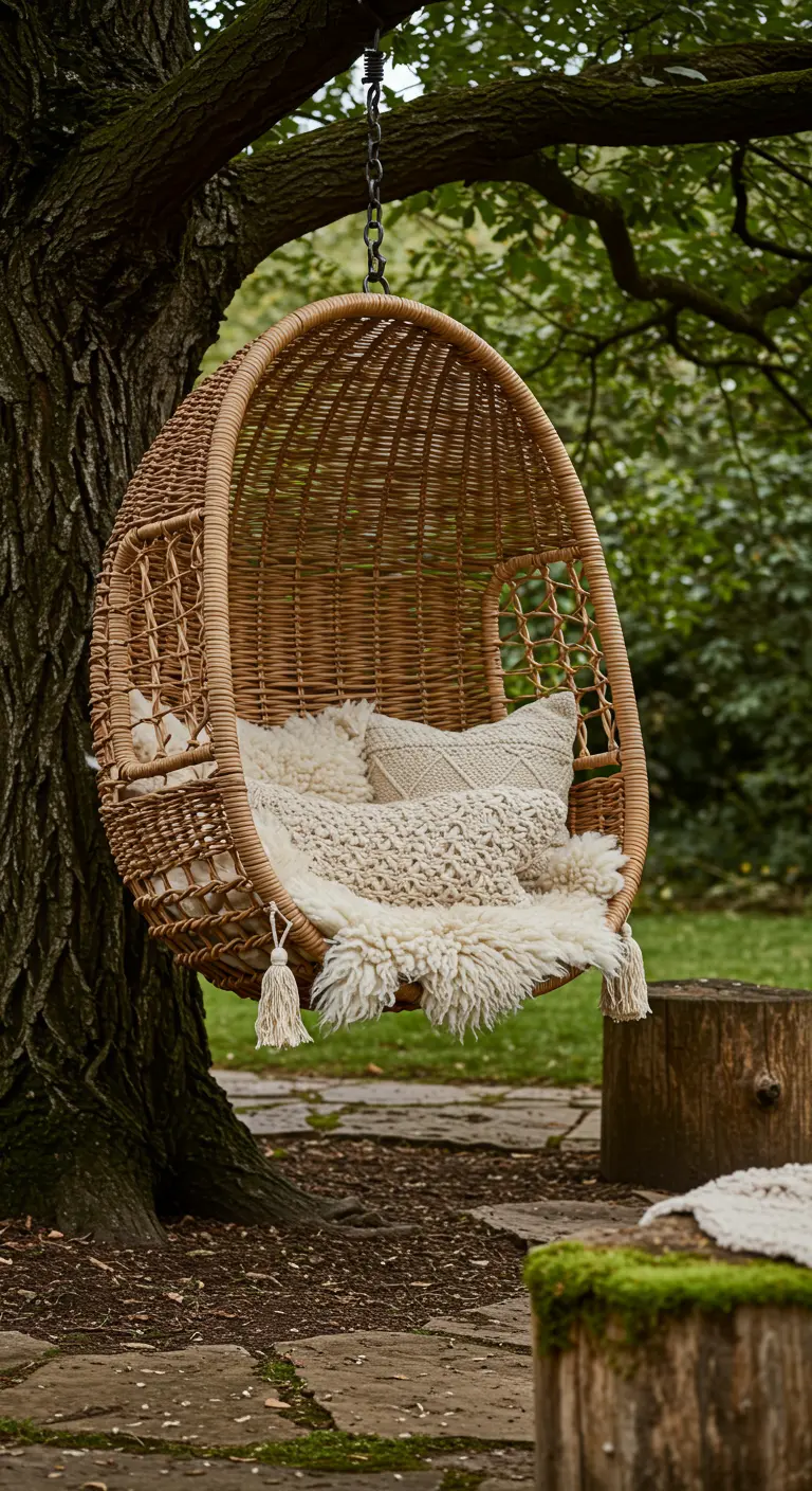 A rattan egg chair layered with a sheepskin throw and macrame pillows for a textured look.