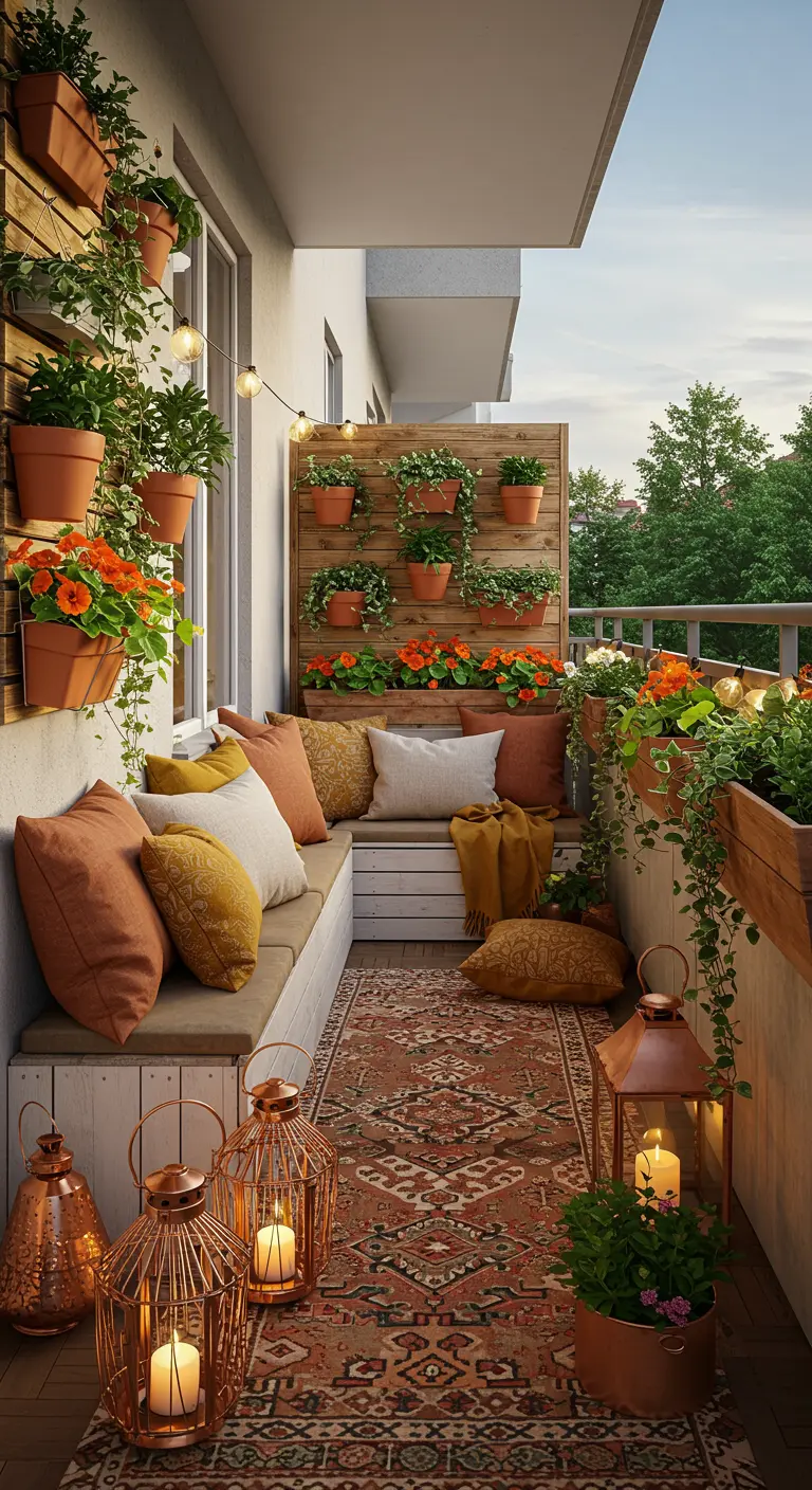 Cozy balcony with a white bench, vertical garden wall, and copper lanterns on a patterned rug.