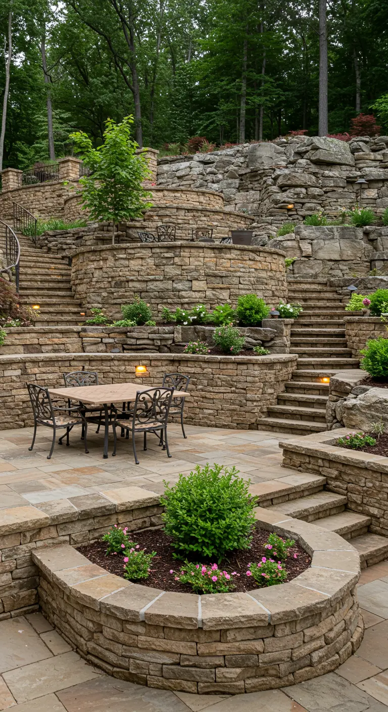 Terra cotta table on a multi-level stone patio with built-in garden beds.