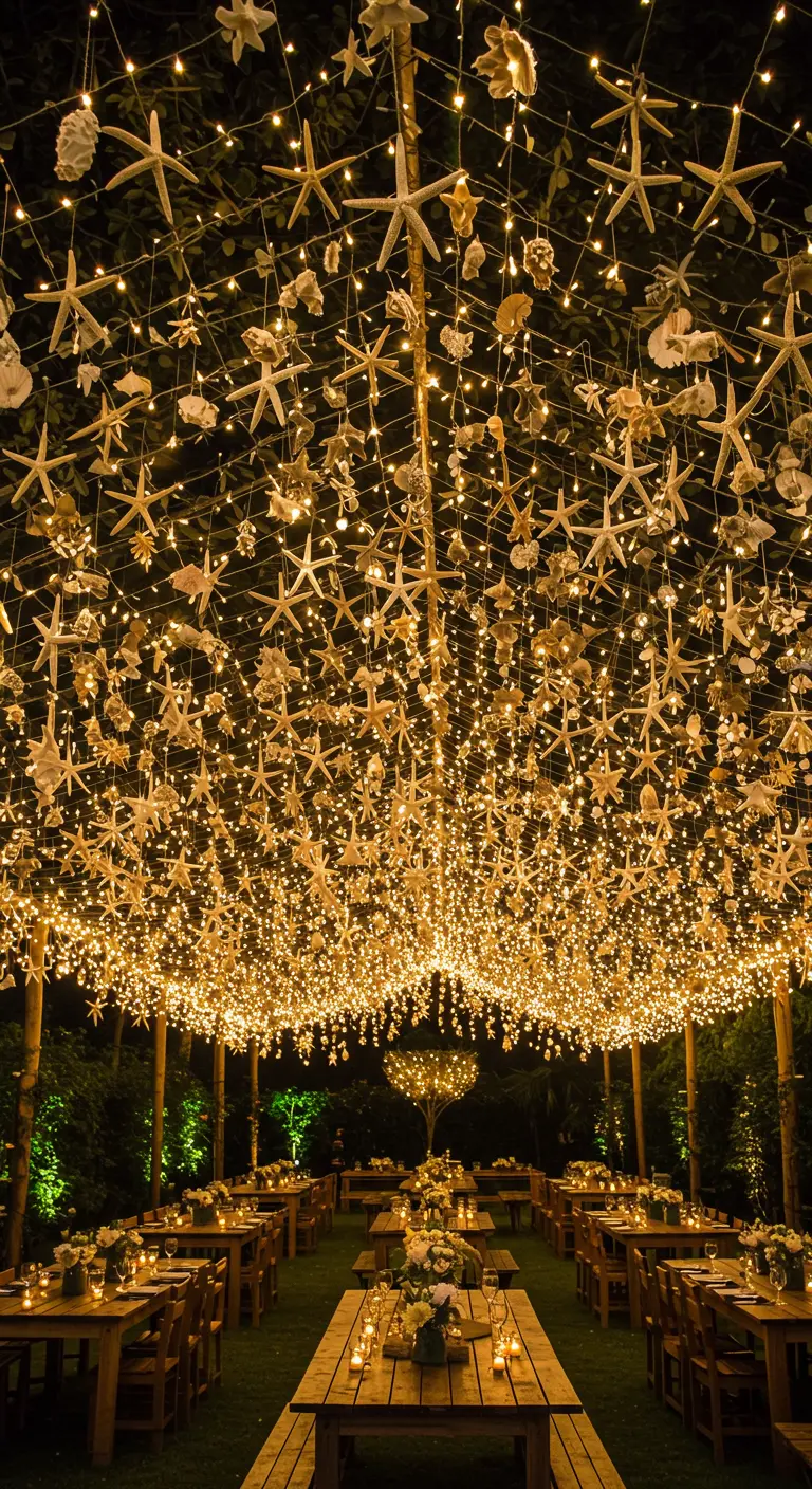 A dense canopy of string lights and hanging starfish over party tables.