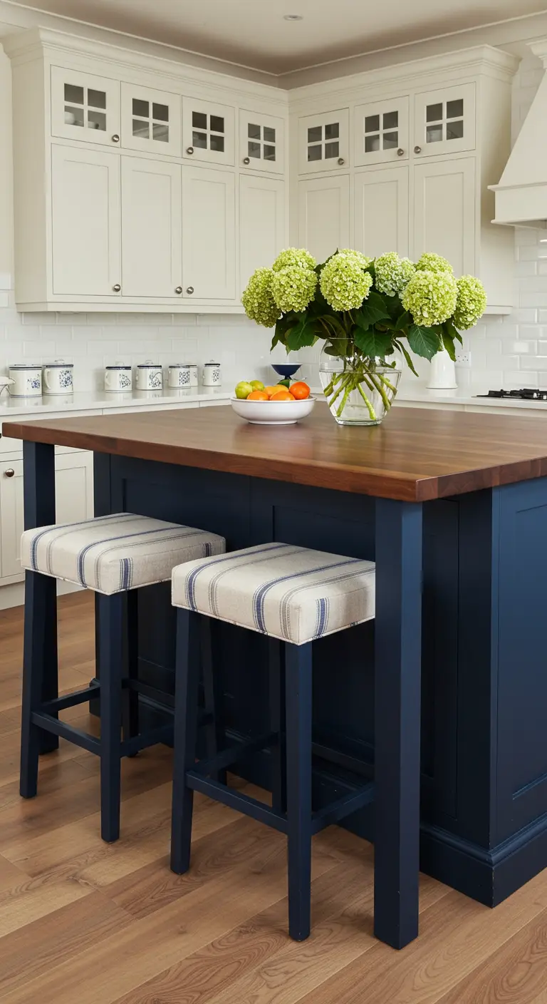 Kitchen with white cabinets, a navy blue island with a wood top, and striped stools.