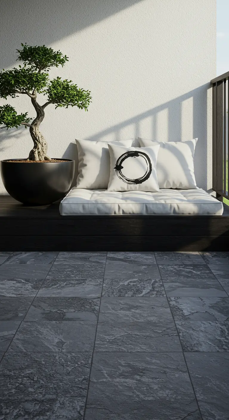 Japandi-style balcony with a low bench and a bonsai tree.
