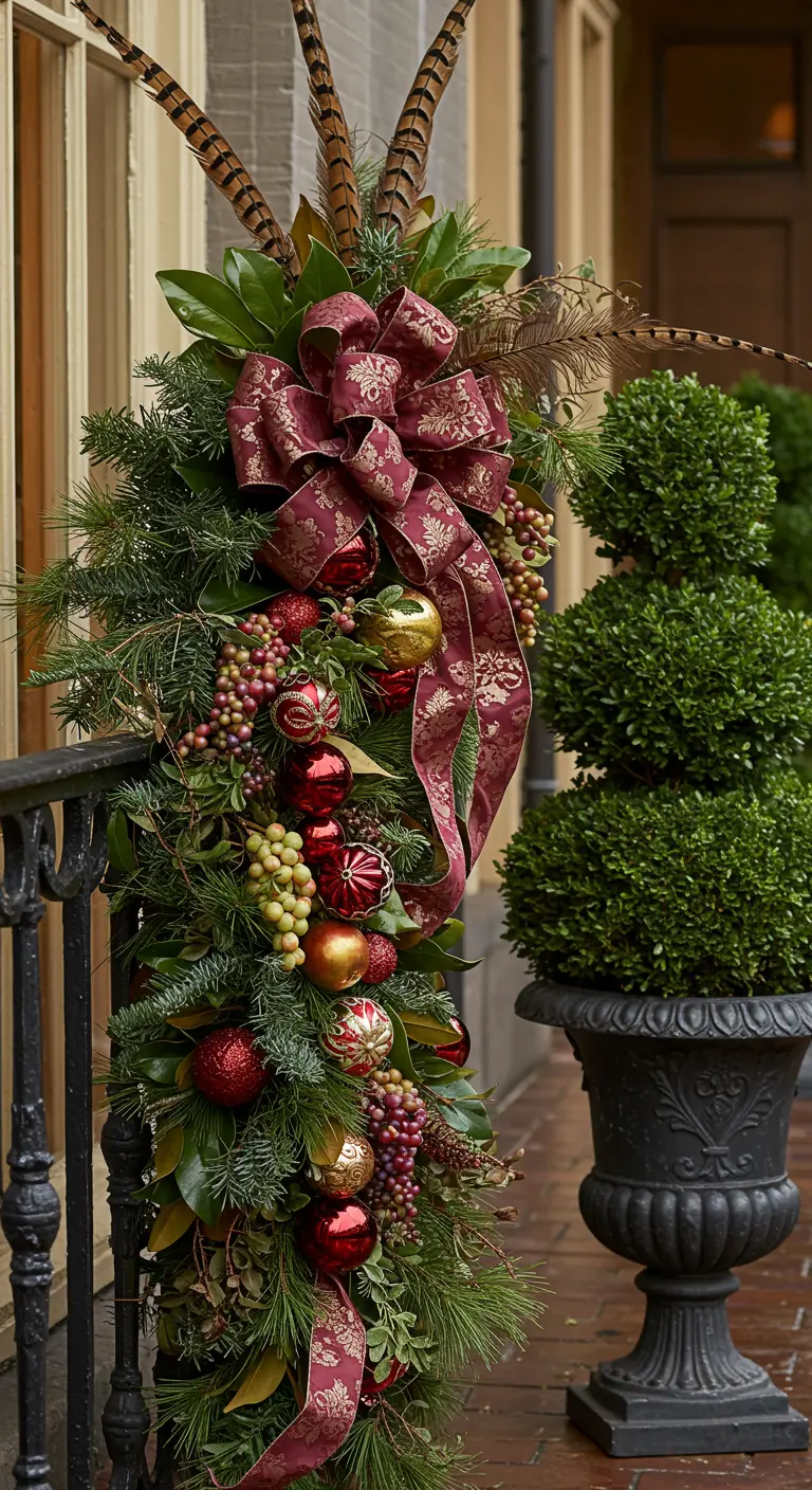 An opulent garland on a railing with pheasant feathers, a large bow, fruit, and ornaments.