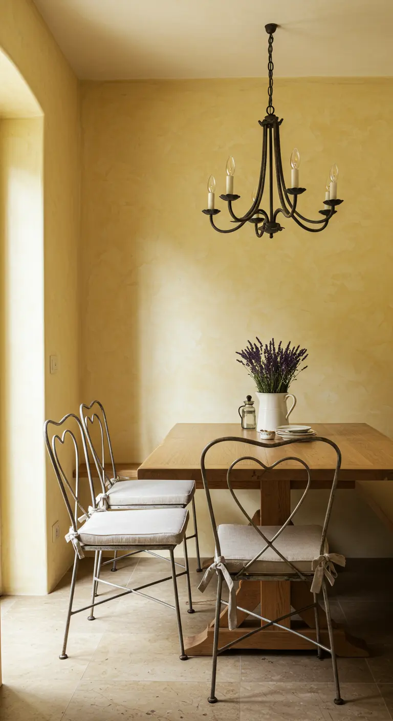 Tuscan-style dining nook with yellow walls, a wood table, and heart-shaped wrought-iron chairs.