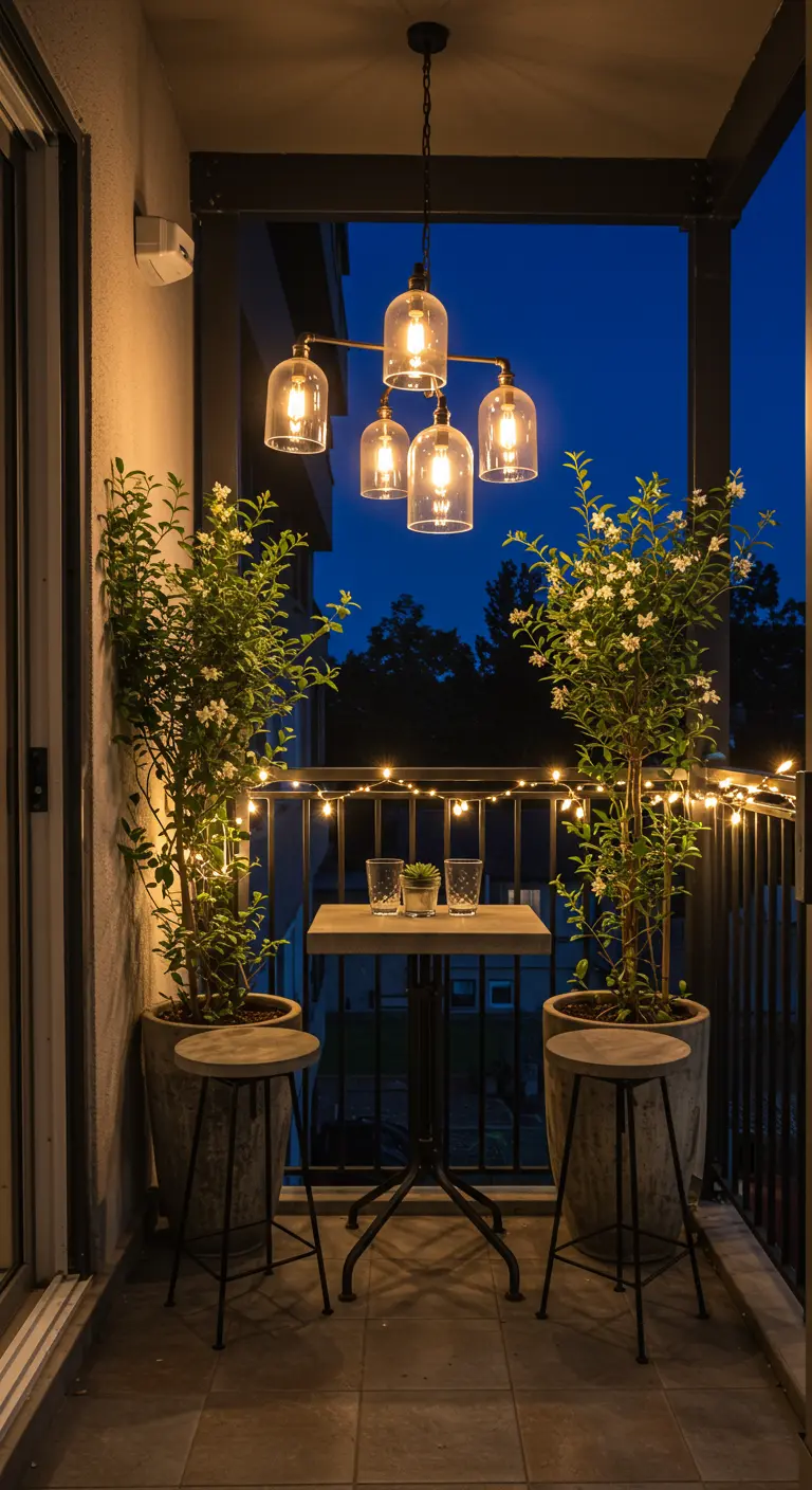 Small bistro set on a balcony with string lights and potted flowering trees.