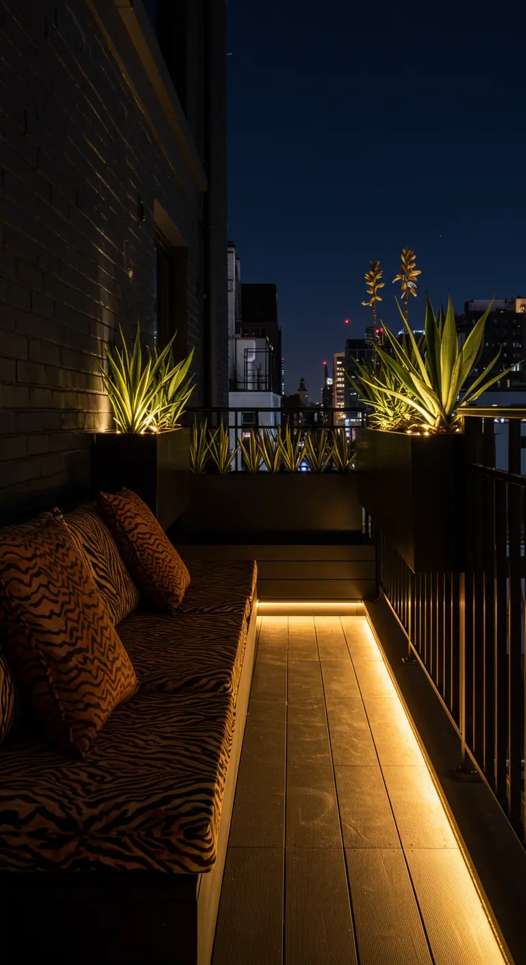 A dark, dramatic balcony at night with tiger-print cushions and uplighted agave plants.