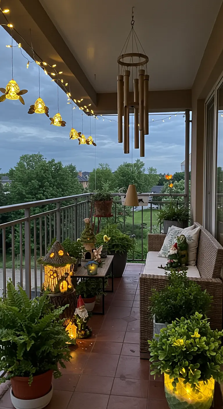 A balcony decorated with whimsical lights, a fairy house, gnomes, and a wind chime.