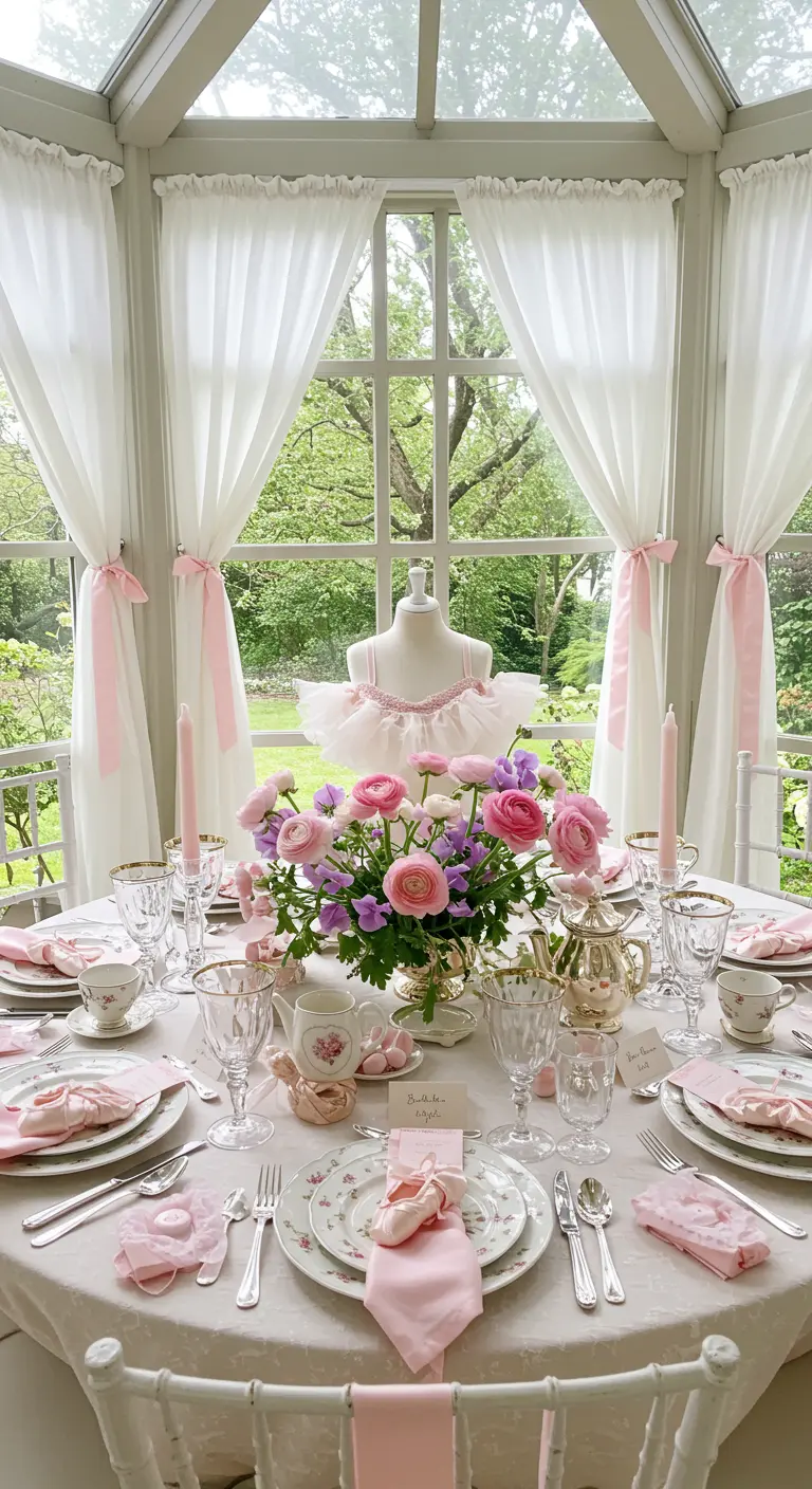 A tea party table with a centerpiece featuring a miniature tutu on a mannequin.