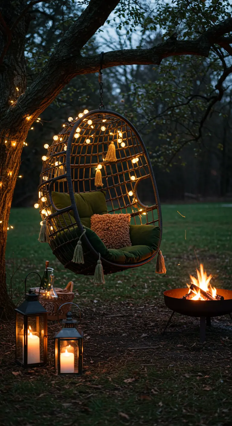 A dark rattan egg chair decorated with string lights, next to a campfire and lanterns at night.