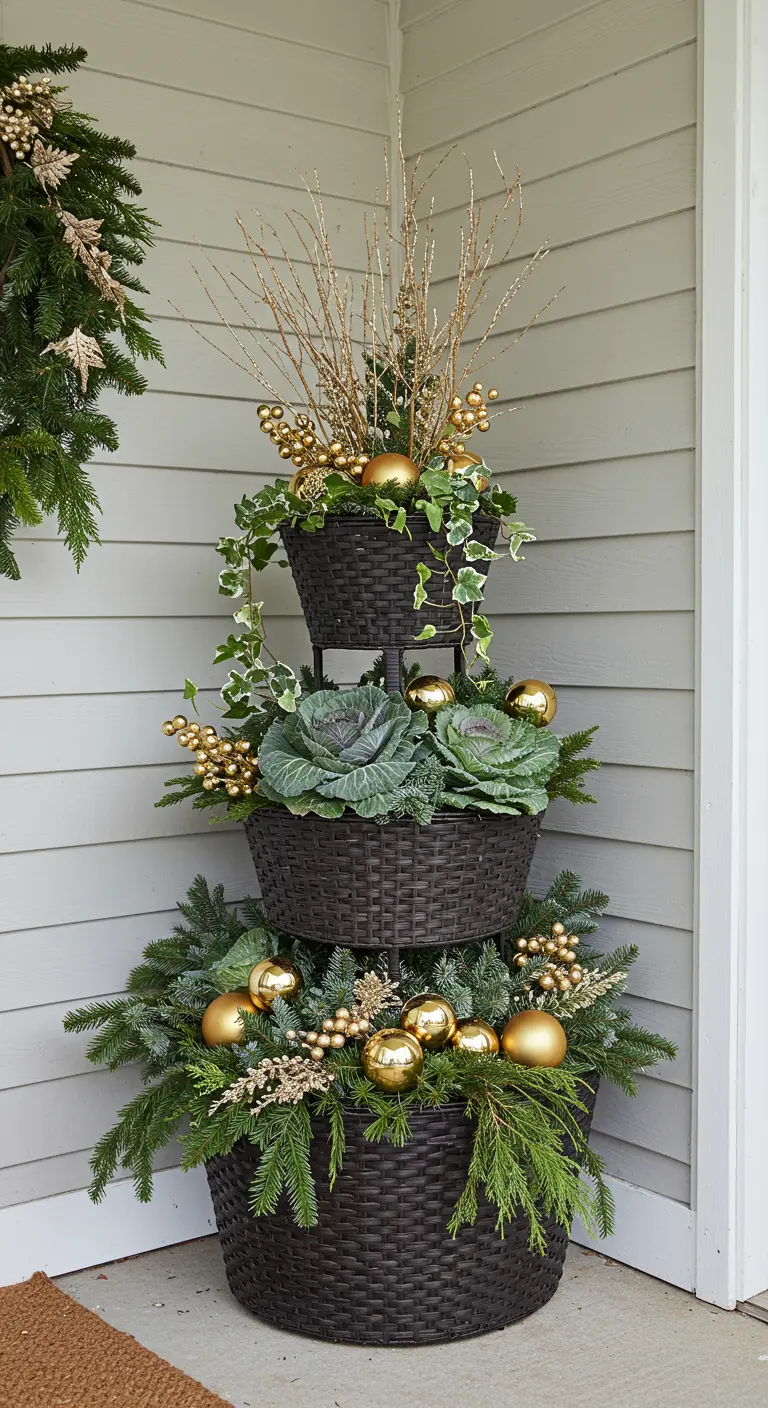 A three-tiered planter with evergreens, ornamental kale, ivy, and gold ornaments.