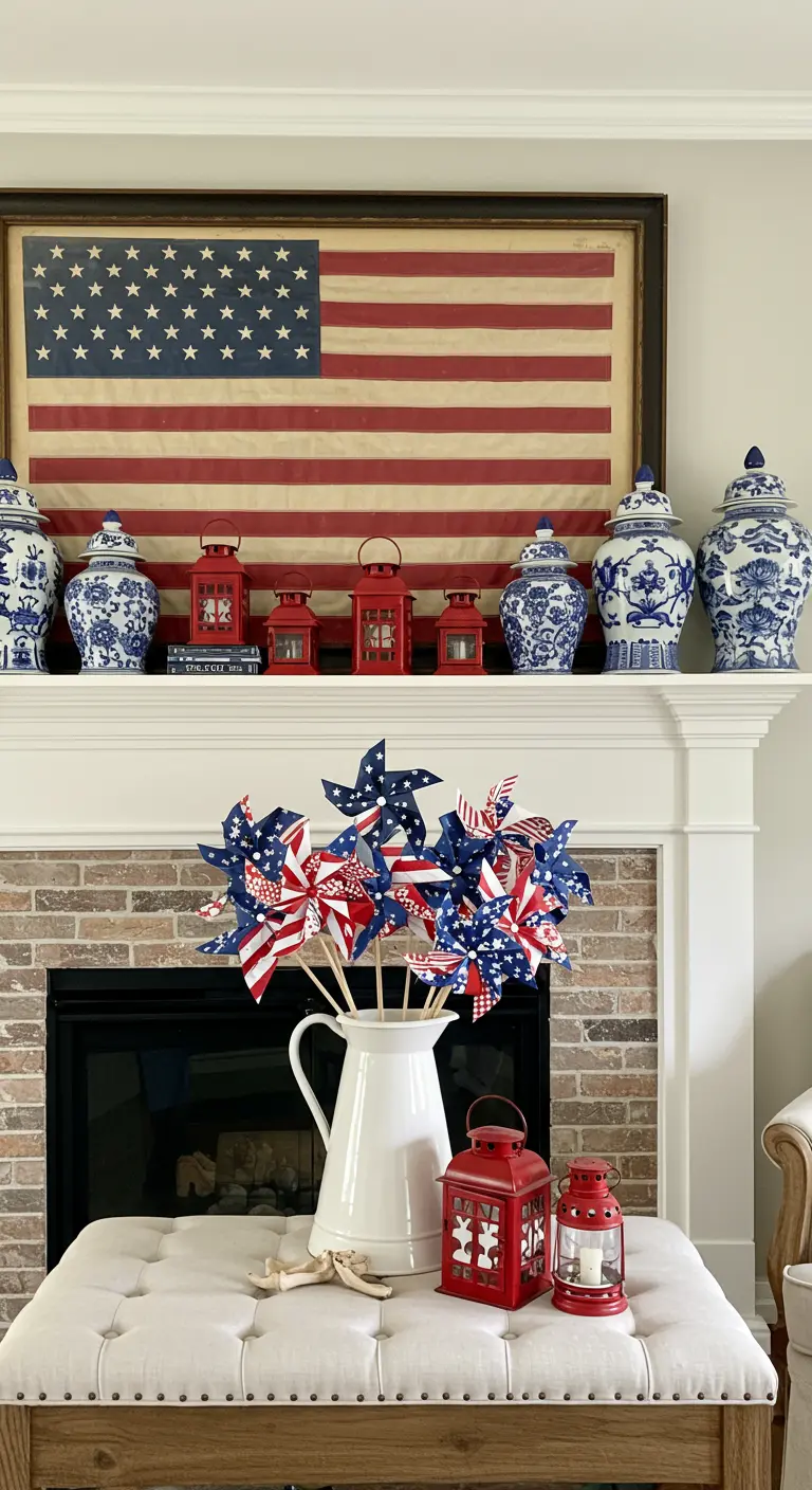 Fireplace mantel with a framed flag, blue and white ginger jars, and small red lanterns.