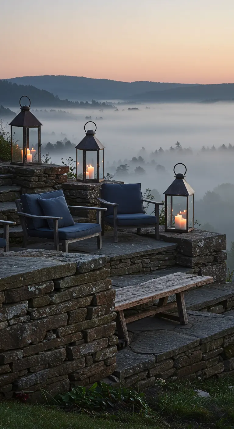 Stone terrace with blue-cushioned chairs and lanterns overlooking a foggy valley.