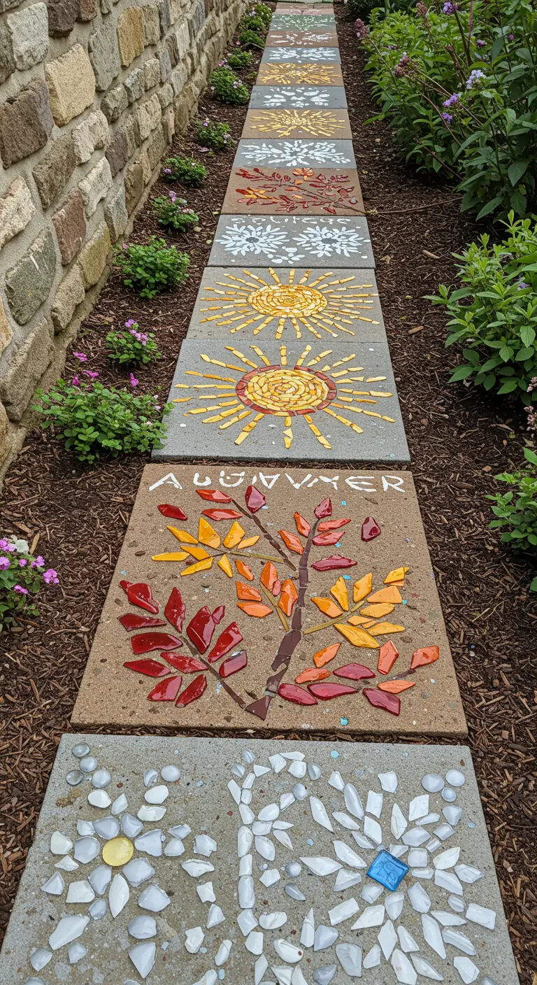 Square pavers decorated with mosaics representing the four seasons: sun, leaves, snowflakes.