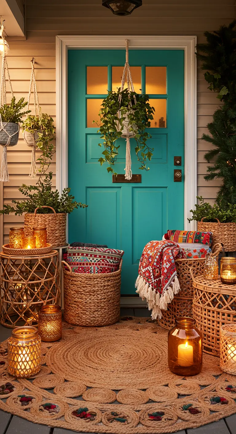 A bohemian-styled porch with a bright teal door, layered rugs, woven baskets, and hanging plants.